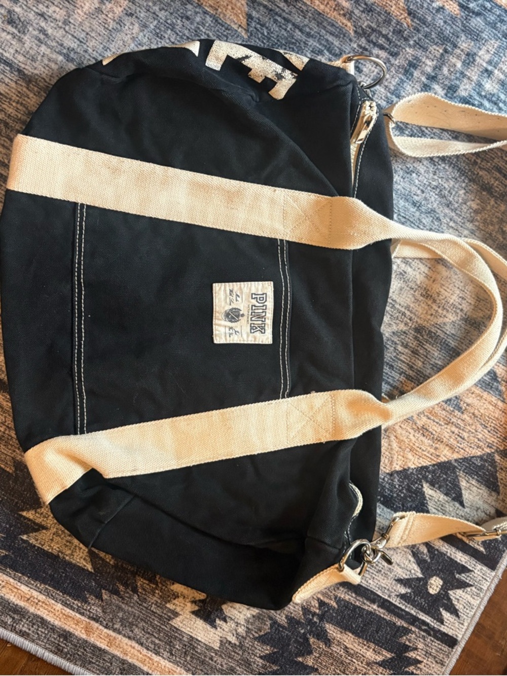 PINK Victoria's Secret Black Canvas Duffel with Cream Straps